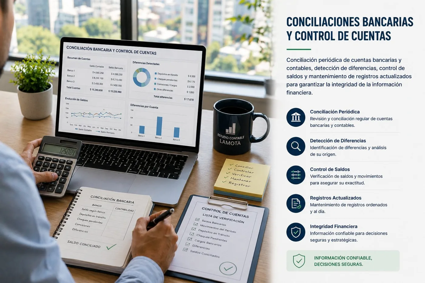 Conciliación bancaria mensual de cuentas en pesos y dólares con detección de errores y débitos automáticos