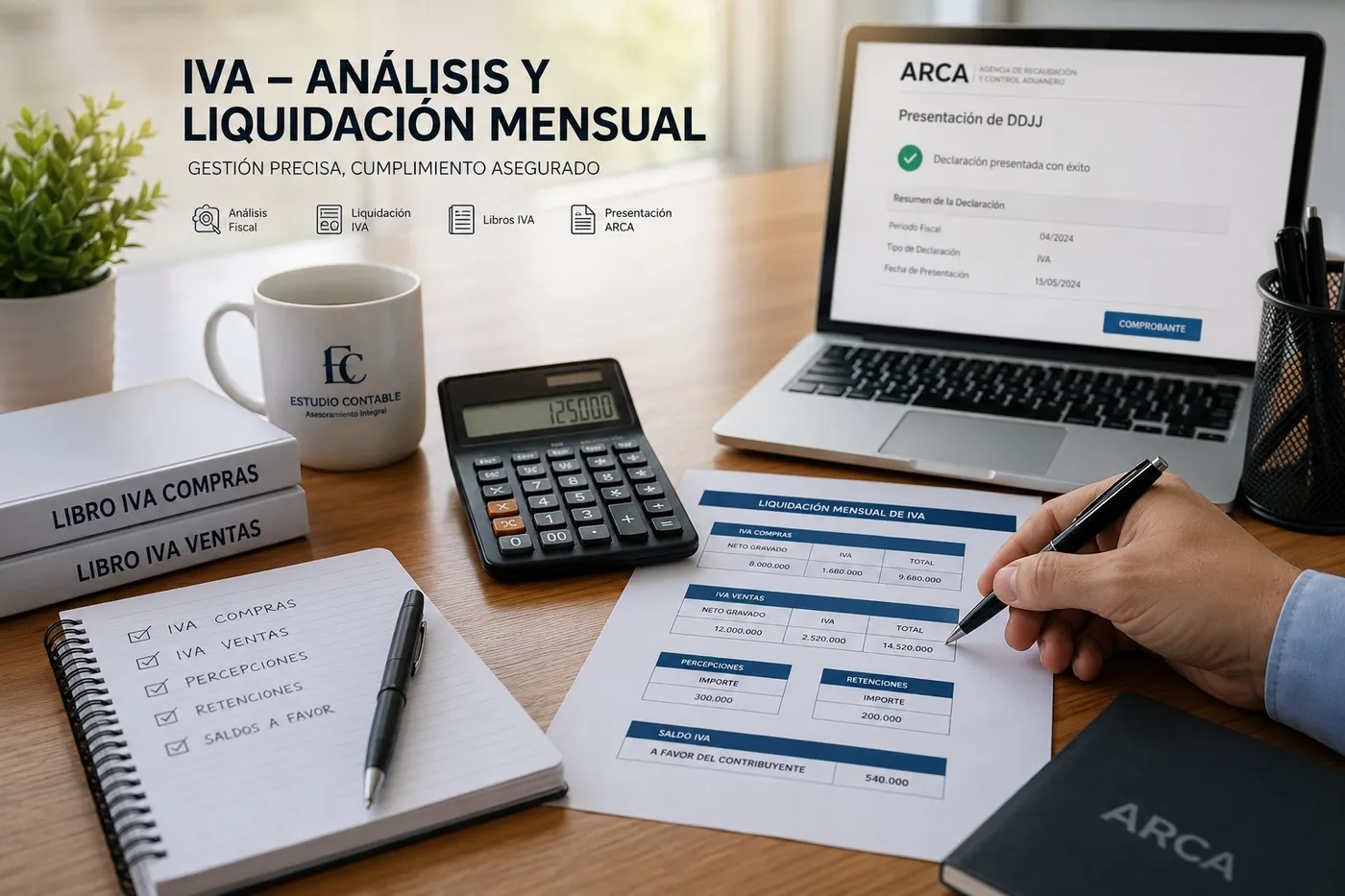Contador realizando liquidación mensual de IVA con Libro IVA Digital y declaración ARCA