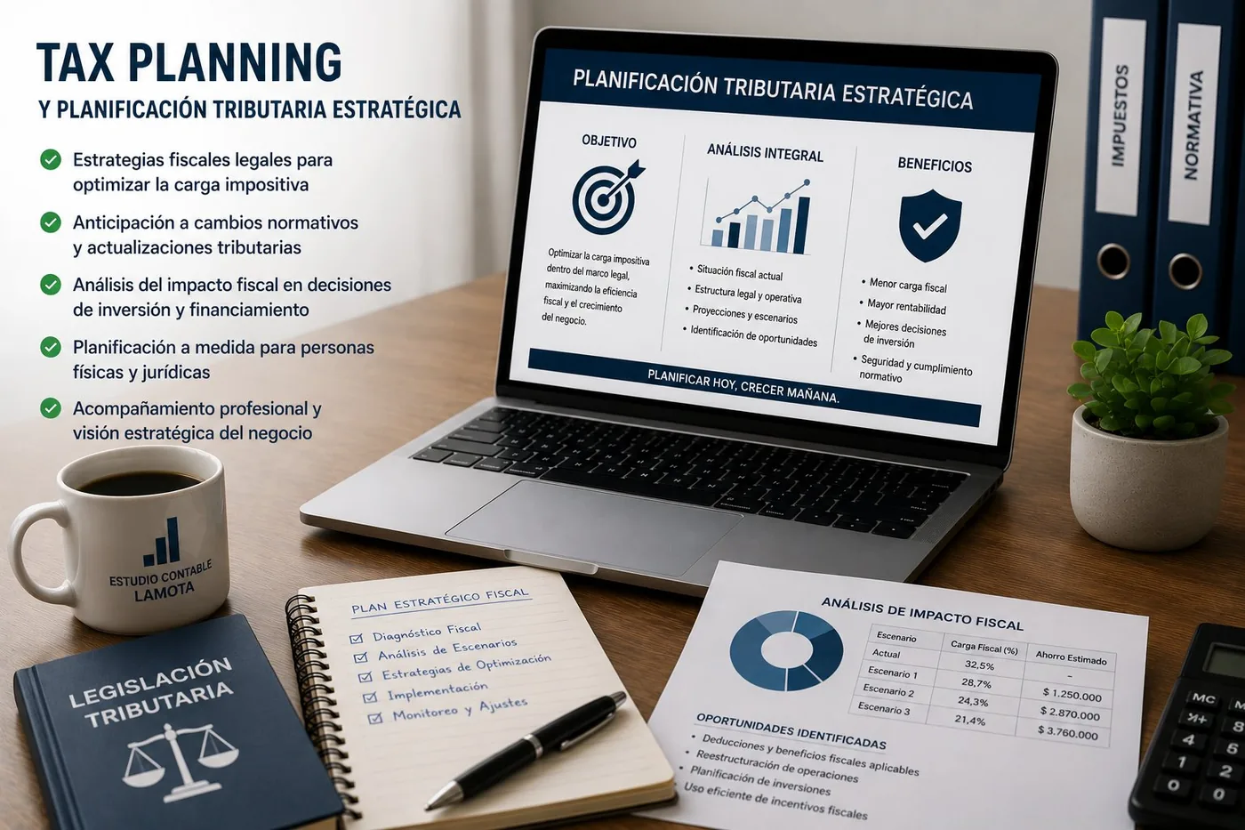 Planificación tributaria estratégica con diagnóstico fiscal y análisis de escenarios — Estudio Lamota